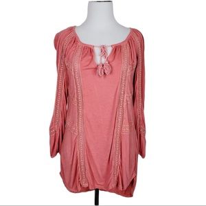 Lucky Brand Peasant Blouse Lace Inset Pink Top Boho Romantic Spring Summer